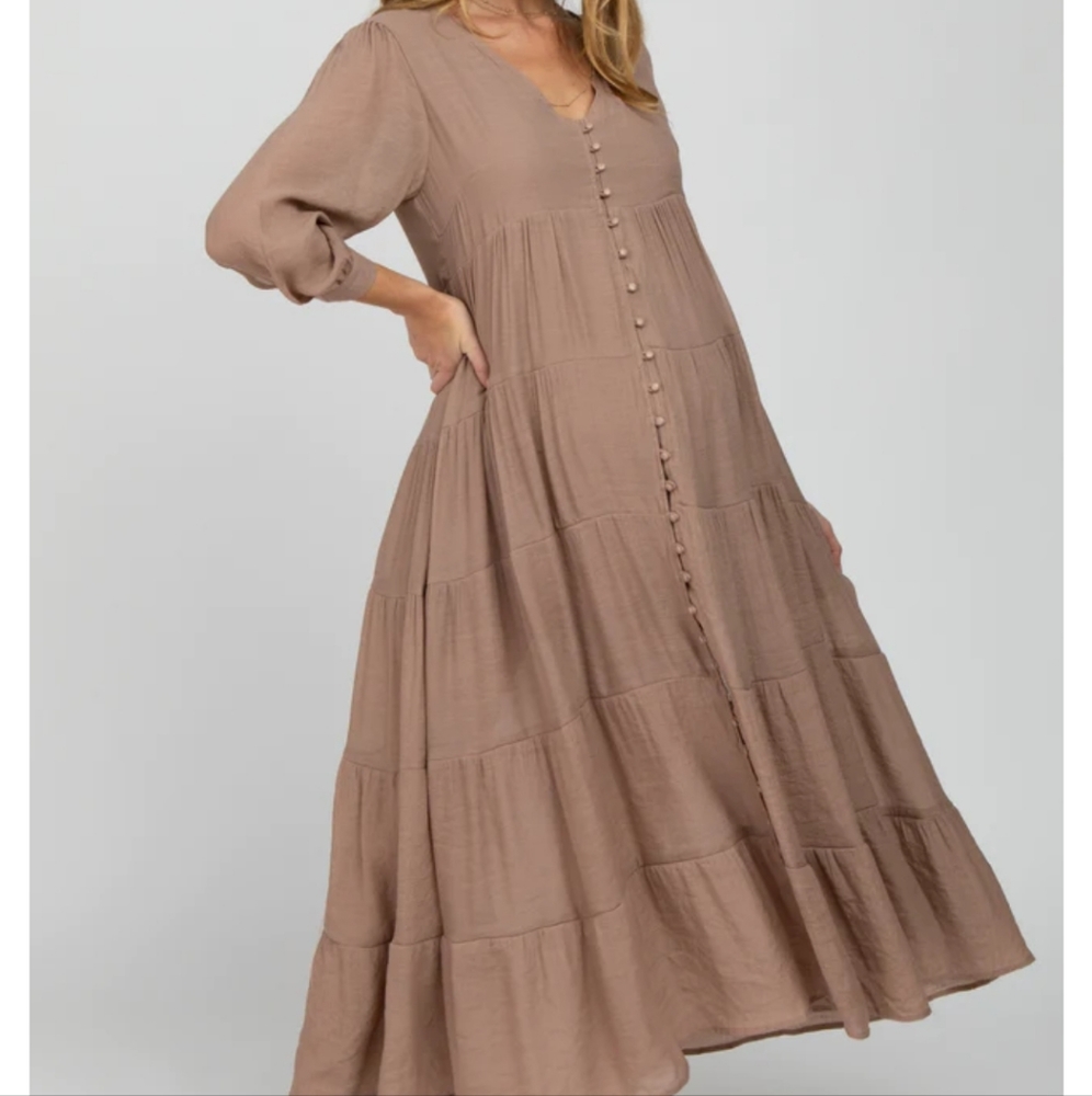 Pinkblush In Loom Mocha Button Front Tiered A-line Maternity Maxi Dress M
